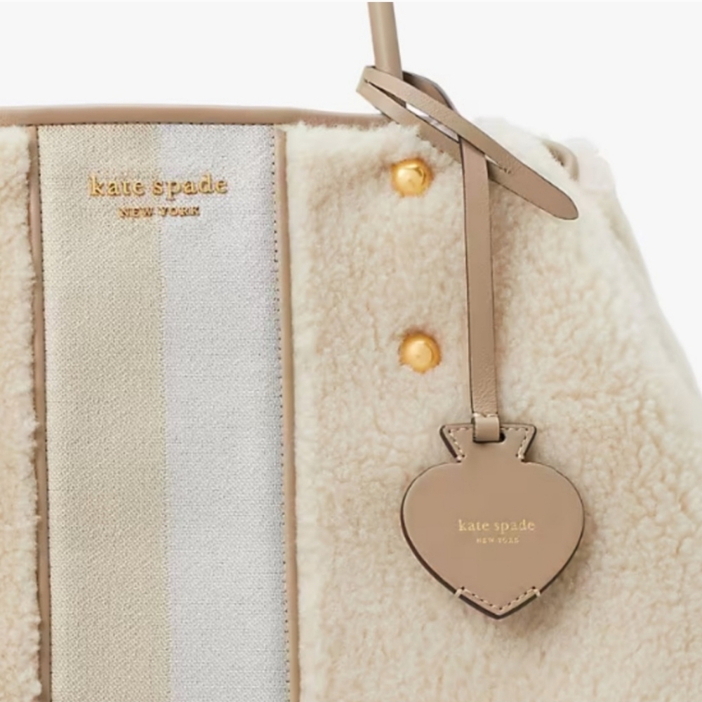 Kate Spade Everything Racing Stripe Faux Shearling Large Tote, Cream Multi - Picture 4 of 10
